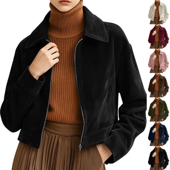 Tqcoqu Women's Solid Suede Cropped Jacket,Lapel Zip Up Vintage Long Sleeve Casual Outerwear With Lining