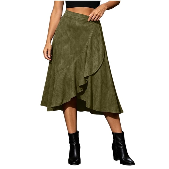 Tqcoqu Women's Solid Suede Irregular Midi Skirt,Elastic High Waist Wrap Ruffle Hem Casual Asymmetrical Skirt