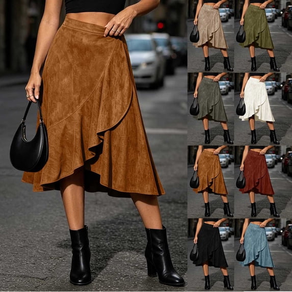 Tqcoqu Women's Solid Suede Irregular Midi Skirt,Elastic High Waist Wrap Ruffle Hem Casual Asymmetrical Skirt