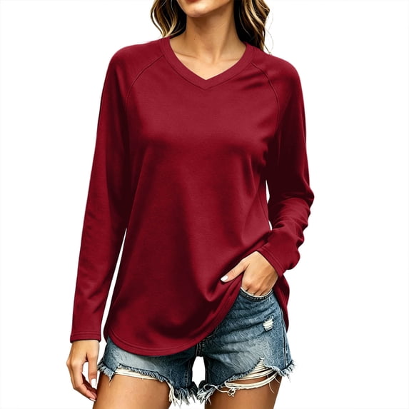 Tqcoqu Women's Solid V Neck Raglan Long Sleeve Tunic Tops,Curved Hem Loose Soft Casual Basic Shirts For Fall Layering,Red Women's S-XXL