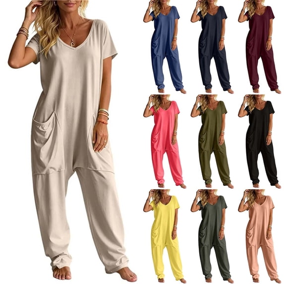 Tqcoqu Women's Solid V Neck Short Sleeve Jumpsuit, Loose Harem Baggy Long Pants One Piece Jumpsuit with Side Pockets