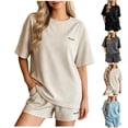 thumbnail image 1 of Tqcoqu Women's Solid Waffle Knit 2 Piece Pajama Set,Crew Neck Loose Short Sleeve Top & Elastic Waist Shorts,Casual Summer Loungewear Sleepwear Outfit Set for Women,Beige Women's M-XXL, 1 of 7