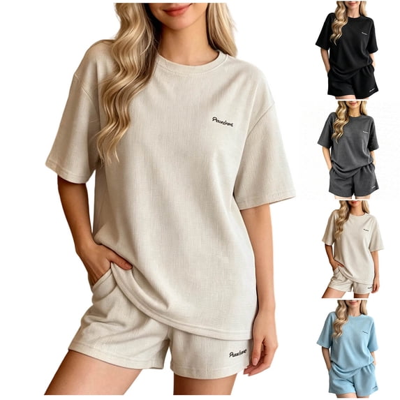 Tqcoqu Women's Solid Waffle Knit 2 Piece Pajama Set,Crew Neck Loose Short Sleeve Top & Elastic Waist Shorts,Casual Summer Loungewear Sleepwear Outfit Set for Women,Beige Women's M-XXL