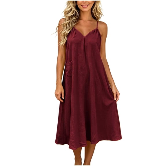 Tqcoqu Women's Spaghetti Strap V Neck Midi Dress with Side Pockets,2026 Loose Casual Summer Tank Dresses,Wine Women's S-XXL