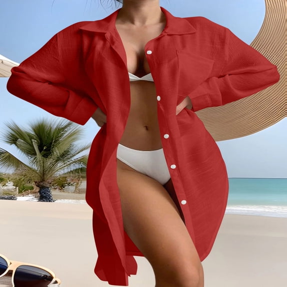 Tqcoqu Women's Split Side Down Collar Button Long Sleeve Blouses Skirt Beach Bathing Suit Swim Coverup,Red,Women's S-XL