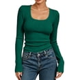 thumbnail image 1 of Tqcoqu Women's Square Neck Ribbed Knit Long Sleeve Crop Top,Slim Fit Stretchy Soft Basic Casual Going Out Tee Shirts,Green Women's S-XXXL, 1 of 7