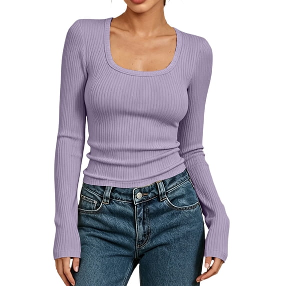 Tqcoqu Women's Square Neck Ribbed Knit Long Sleeve Crop Top,Slim Fit Stretchy Soft Basic Casual Going Out Tee Shirts,Purple Women's S-XXXL