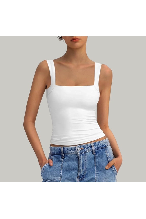 Women's Square Neck Sleeveless Crop Tops Comfy Double Layer Casual Slim Fit Trendy Tank Tops,White,Women's S-XL