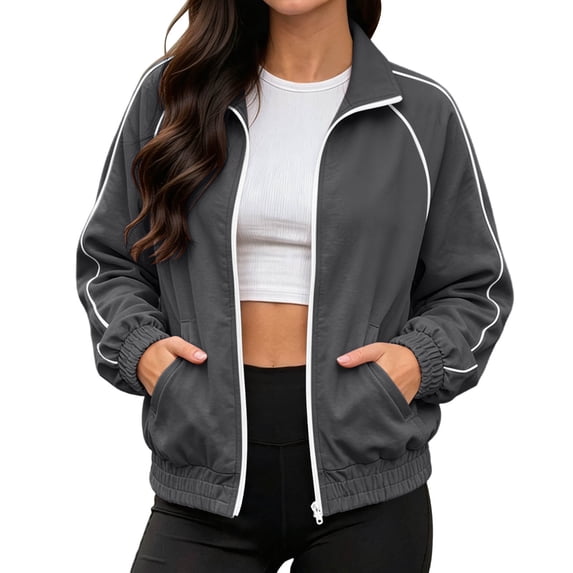 Tqcoqu Women's Stand Collar Full Zip Workout Track Jackets, Lightweight Long Sleeve Sweatshirts,2026 Trendy Fall Coat with Pockets