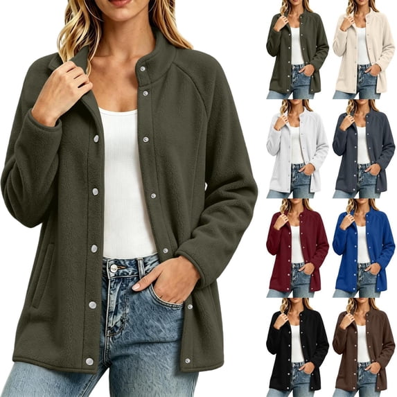 Tqcoqu Women's Stand Collar Snap Button Fleece Jacket, Long Sleeve Casual Fall Winter Coat with pockets,Women's S-XXXL