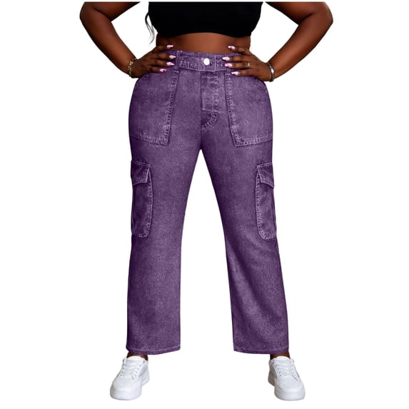 Tqcoqu Women's Straight Leg Faux Jeans, Stretch Casual High Waisted Stylish Imitation Denim Cargo Pants with Decorative Pockets,Purple,Women's S-XXL