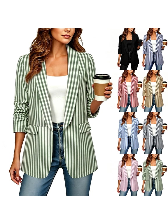 Women's Striped 3/4 Sleeve Blazer Jacket Collared Neck Business Casual Suit Jacket,Blue Women's S-XXL
