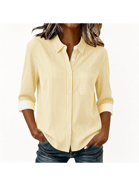 Women's Striped Button Down Shirts - Regular Fit Blouse with Pockets, Business Casual Work Tops,Yellow Women's XS-XXL