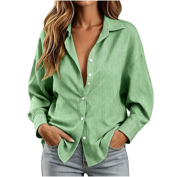 Tqcoqu Women's Striped Lapel Button Down Shirt, Long Sleeve Back Tie Waist Cinched Casual Blouse Top