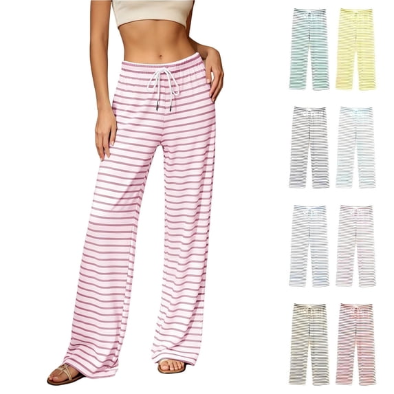 Tqcoqu Women's Striped Palazzo Pants,Wide Leg Lounge Pant,Casual Baggy Elastic Waist Straight Drawstring Trousers
