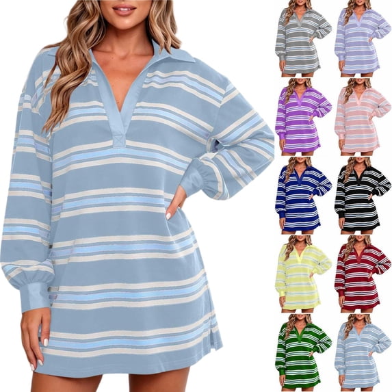 Tqcoqu Women's Striped Sweatshirt Dress Long Sleeve V Neck Oversized Pullover Sweatshirt Fall Outfits