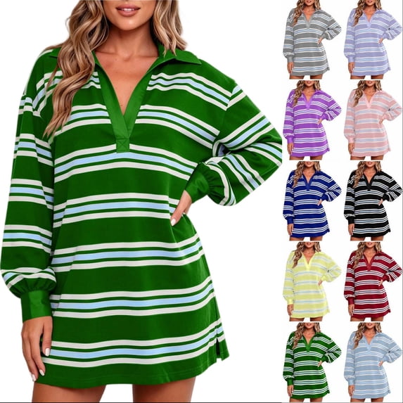 Tqcoqu Women's Striped Sweatshirt Dress Long Sleeve V Neck Oversized Pullover Sweatshirt Fall Outfits