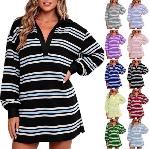 Tqcoqu Women's Striped Sweatshirt Dress Long Sleeve V Neck Oversized Pullover Sweatshirt Fall Outfits