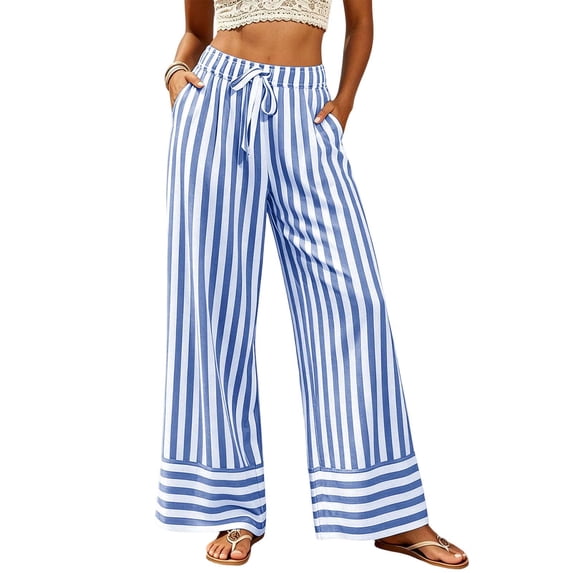 Tqcoqu Women's Striped Wide Leg High Waist Pants,Drawstring Elastic Loose Casual Beach Vacation Long Trouser with Pockets