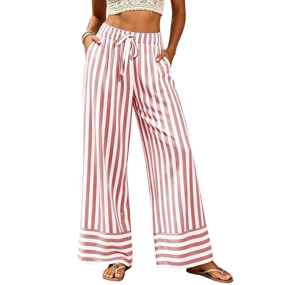 Tqcoqu Women's Striped Wide Leg High Waist Pants,Drawstring Elastic Loose Casual Beach Vacation Long Trouser with Pockets