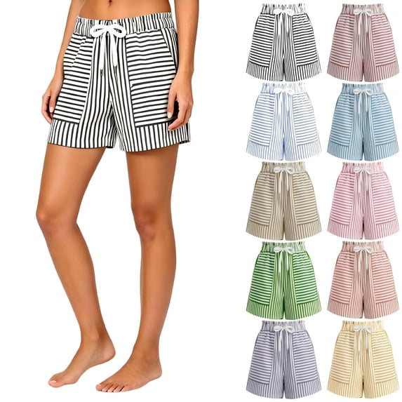 Tqcoqu Women's Summer Casual Shorts with Pockets,Striped Drawstring Elastic Waist Y2k Shorts,2026 Spring Summer Trendy Pants,Black Women's S-XXL