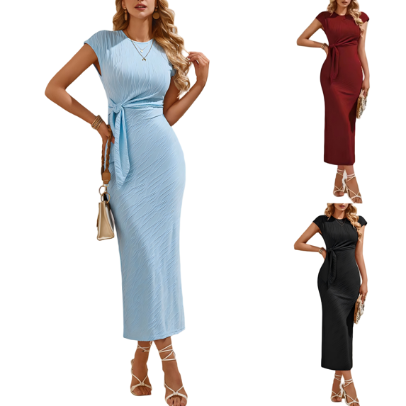 Tqcoqu Women's Summer Short Sleeve Bodycon Midi Dresses Casual Crewneck Knit Wrap Tie Waist Long Dress,Black,Women's S-XXL