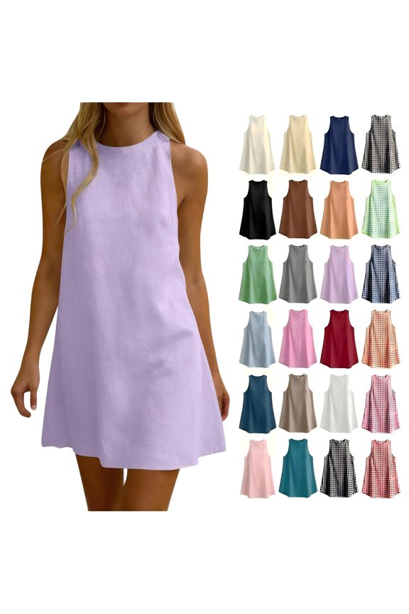 Women's Summer Sleeveless Mini Linen Dress,Back Button Closure Loose A-Line Swing Short Casual Summer Tunic Dress