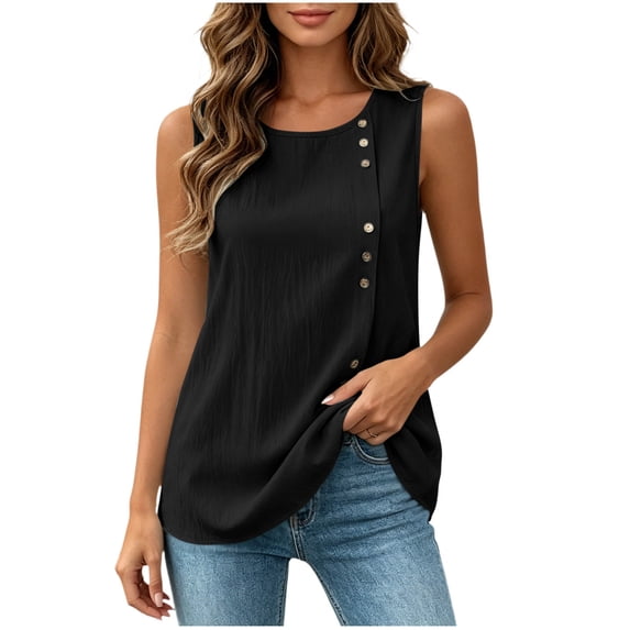 Tqcoqu Women's Summer Sleeveless Tank Top Casual Crewneck Button Side Split Tunic Top Shirt,Black Women's S-XXL