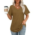 thumbnail image 1 of Tqcoqu Women's T Shirts V Neck Short Sleeve Casual Tops Loose Fit Basic Tees with Curved Hem,Brown,Women's S-XXL, 1 of 1