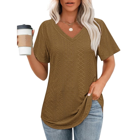 Tqcoqu Women's T Shirts V Neck Short Sleeve Casual Tops Loose Fit Basic Tees with Curved Hem,Brown,Women's S-XXL