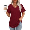 thumbnail image 1 of Tqcoqu Women's T Shirts V Neck Short Sleeve Casual Tops Loose Fit Basic Tees with Curved Hem,Wine,Women's S-XXL, 1 of 1