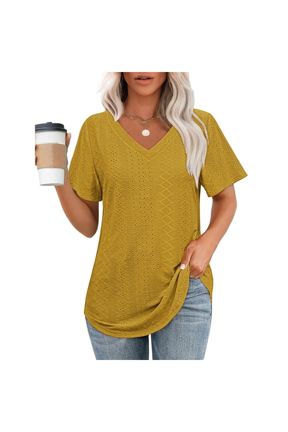 Women's T Shirts V Neck Short Sleeve Casual Tops Loose Fit Basic Tees with Curved Hem,Yellow,Women's S-XXL