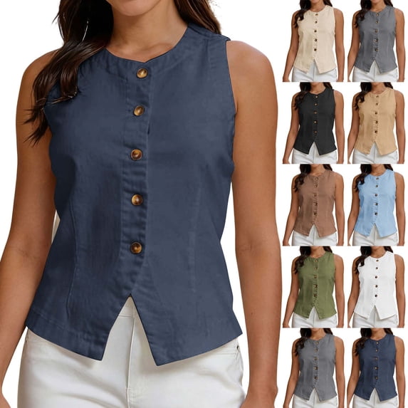 Tqcoqu Women's Tank Tops Round Neck Suit Vest Sleeveless Button Business Jacket Waistcoat Top,Black,Women's S-XXXL