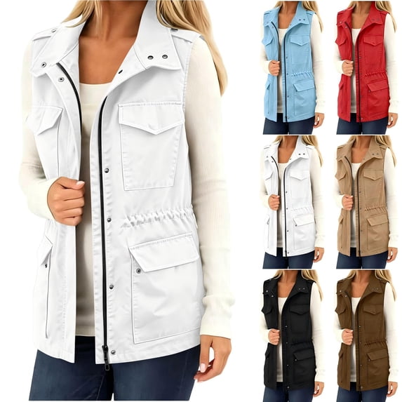 Tqcoqu Women's Utility Cargo Vest with Multi Pockets,Stand Collar Zip Up Drawstring Waist Sleeveless Casual Outdoor Waistcoat Jacket