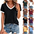 thumbnail image 1 of Tqcoqu Women's V Neck Contrast Trim Ringer T-Shirt,Short Sleeve Solid Color Casual Summer Tops,Black Women's S-XXL, 1 of 9