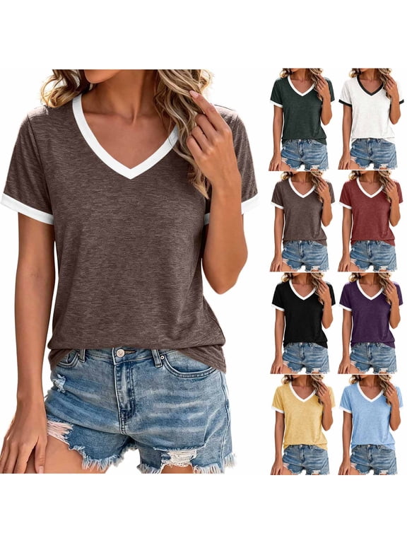 Women's V Neck Contrast Trim Ringer T-Shirt,Short Sleeve Solid Color Casual Summer Tops,Brown Women's S-XXL
