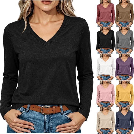 Tqcoqu Women's V Neck Long Sleeve T-Shirt,Slim Fitted Stretch Basic Layering Top Casual Daily Base Tee