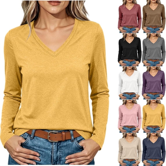 Tqcoqu Women's V Neck Long Sleeve T-Shirt,Slim Fitted Stretch Basic Layering Top Casual Daily Base Tee