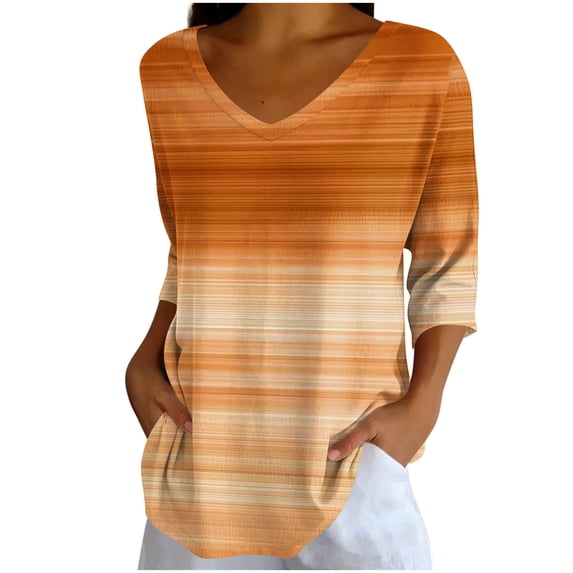 Tqcoqu Women's V Neck Tunic Tops,3/4 Sleeve Gradient Print Casual Loose Daily Wear Tops,Khaki Women's S-XXL