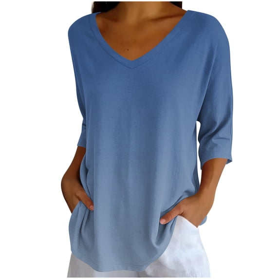 Tqcoqu Women's V Neck Tunic Tops,3/4 Sleeve Gradient Print Casual Loose Daily Wear Tops,Navy Women's S-XXL