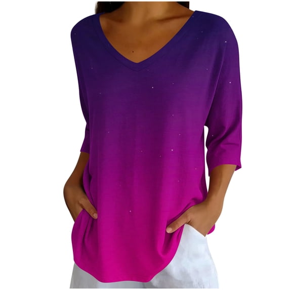Tqcoqu Women's V Neck Tunic Tops,3/4 Sleeve Gradient Print Casual Loose Daily Wear Tops,Purple Women's S-XXL