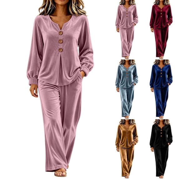 Tqcoqu Women's Velour Pajama Set,V Neck Button Long Sleeve Top & Elastic Waist Wide Leg Pants,Soft Loungewear Outfit Set for Women,Pink Women's S-XXL