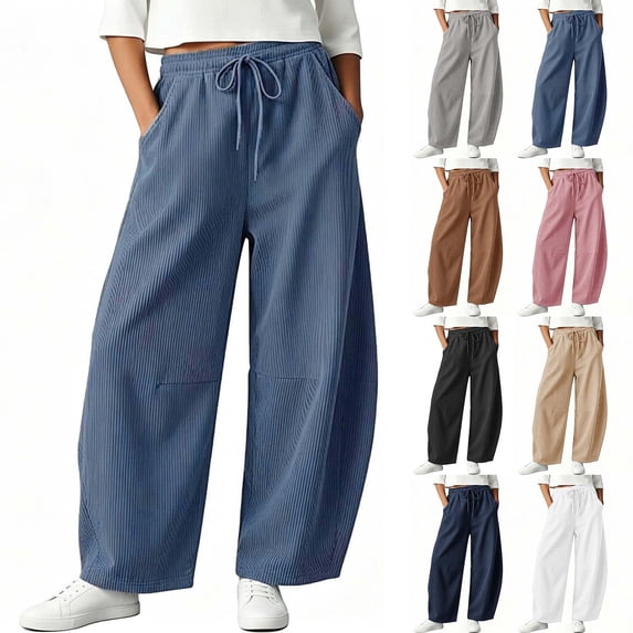 Tqcoqu Women's Vertical Rib Corduroy Barrel Pants,Solid Elastic Drawstring Waist Pants with Side Pockets,Loose Casual Lantern Trousers for Fall Winter,Blue Women's S-XXXL