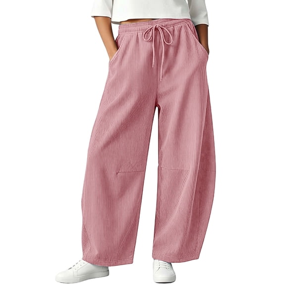 Tqcoqu Women's Vertical Rib Corduroy Barrel Pants,Solid Elastic Drawstring Waist Pants with Side Pockets,Loose Casual Lantern Trousers for Fall Winter,Pink Women's S-XXXL