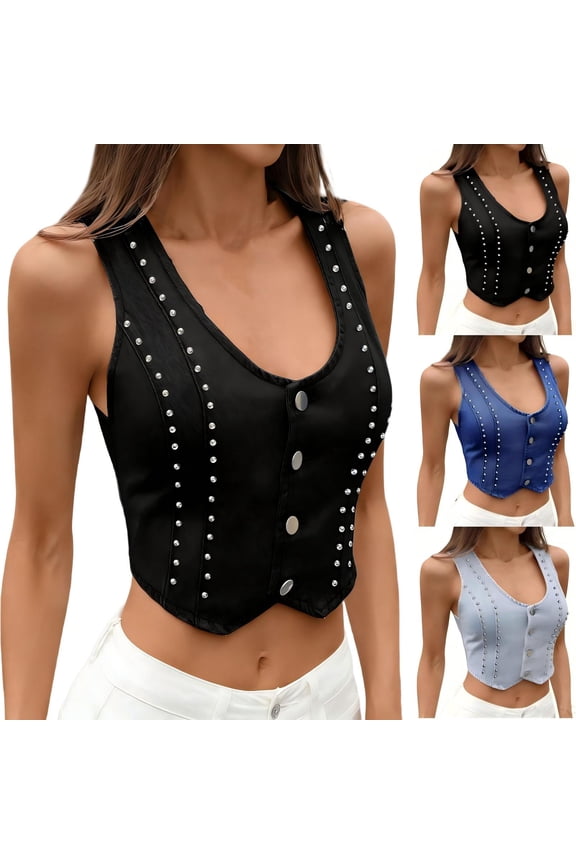 Women's Vintage Cropped Denim Vest,V Neck Rivet Decor Sleeveless Tops,Slim Fit Waistcoat Jacket for Women,Black Women's S-XL