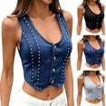 thumbnail image 1 of Tqcoqu Women's Vintage Cropped Denim Vest,V Neck Rivet Decor Sleeveless Tops,Slim Fit Waistcoat Jacket for Women,Dark Blue Women's S-XL, 1 of 7