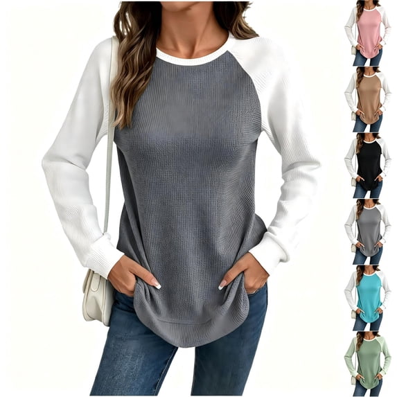 Tqcoqu Women's Waffle Knit Raglan Color Block Long Sleeve Tops,Crew Neck Curved Hem Casual Top,2026 Spring Fall Trendy Clothes,Gray Women's S-XXL