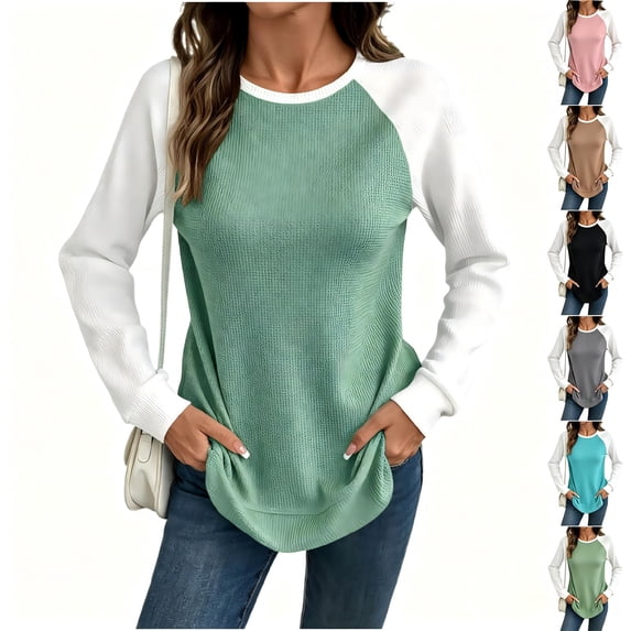 Tqcoqu Women's Waffle Knit Raglan Color Block Long Sleeve Tops,Crew Neck Curved Hem Casual Top,2026 Spring Fall Trendy Clothes,Green Women's S-XXL