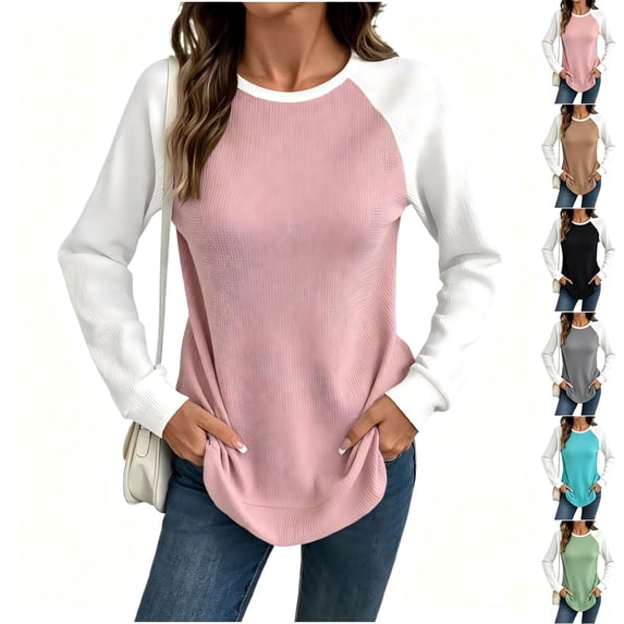 Tqcoqu Women's Waffle Knit Raglan Color Block Long Sleeve Tops,Crew Neck Curved Hem Casual Top,2026 Spring Fall Trendy Clothes,Pink Women's S-XXL