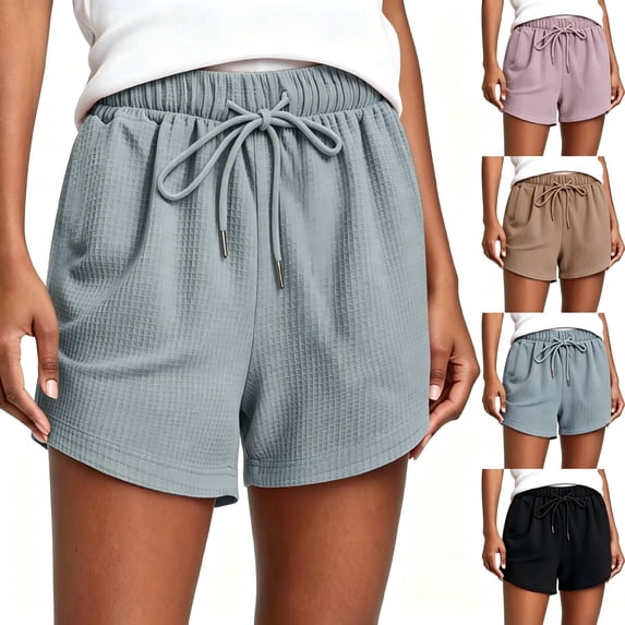 Tqcoqu Women's Waffle Knit Shorts,Drawstring Comfy Casual Shorts with Pockets,2026 Spring Summer Loungewear Trendy Clothes,Gray Women's S-XXXL